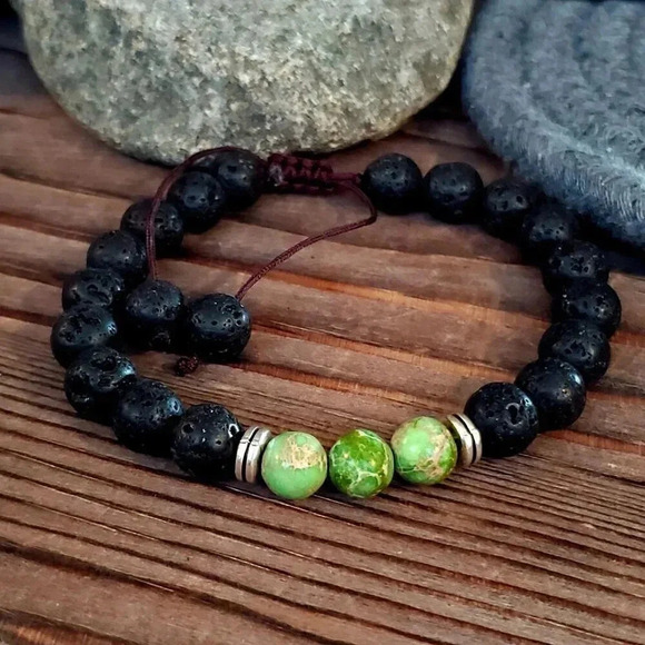 Chakra Bracelet Green Aqua Terra Jasper Black Lava Stones - Picture 6 of 7